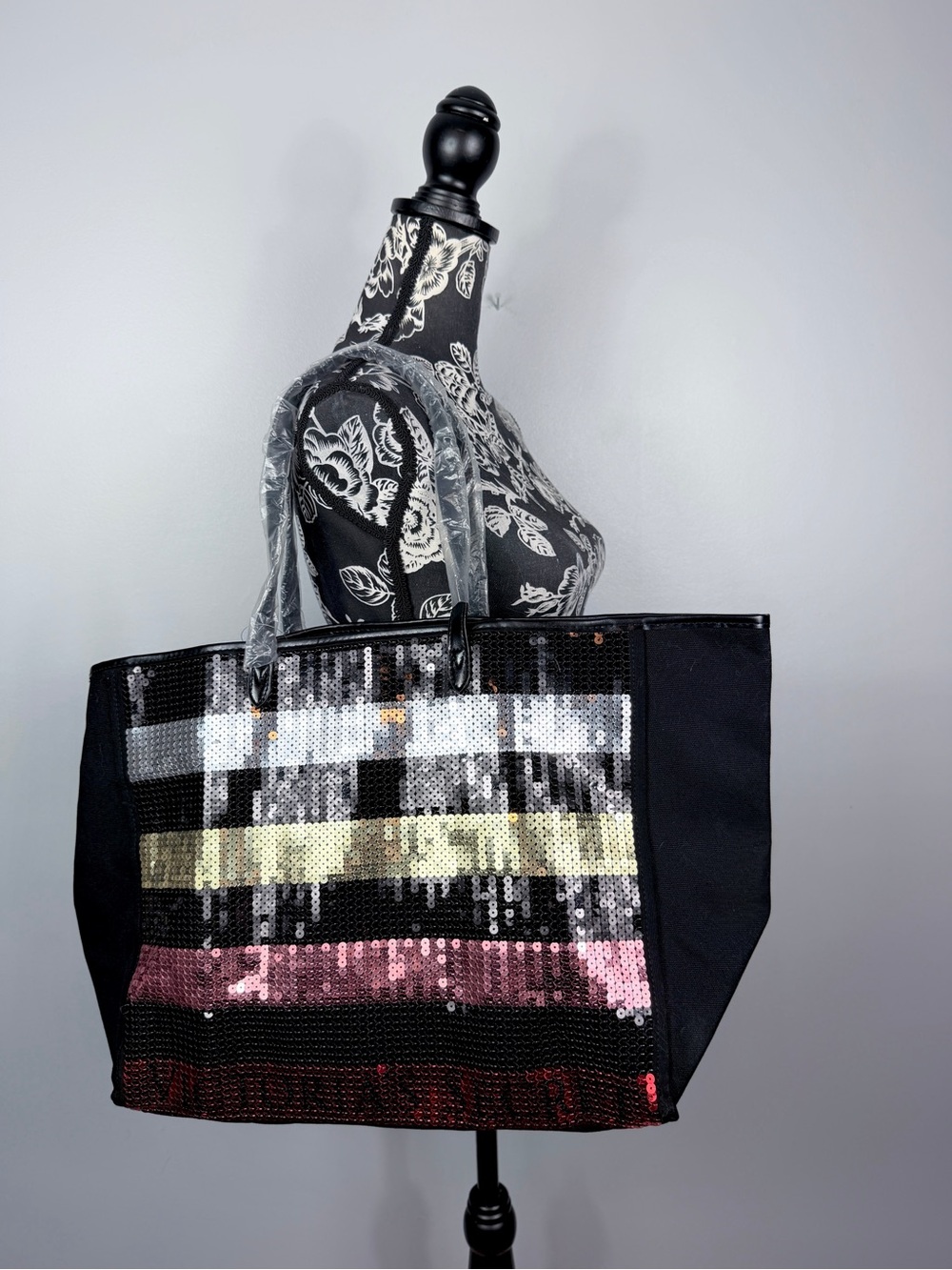 NWT VS pink/red/silver large sequin bling limited edition tote bag size XL
